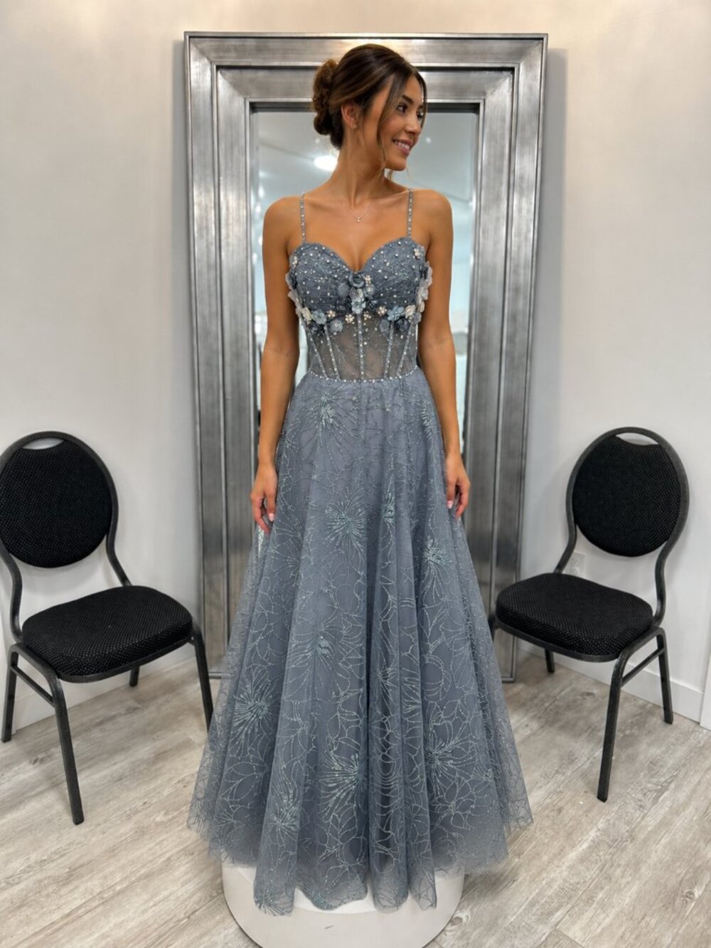Ellie Wilde EW36218 Slate Beaded Prom Dress Size 8 Corset Gown
